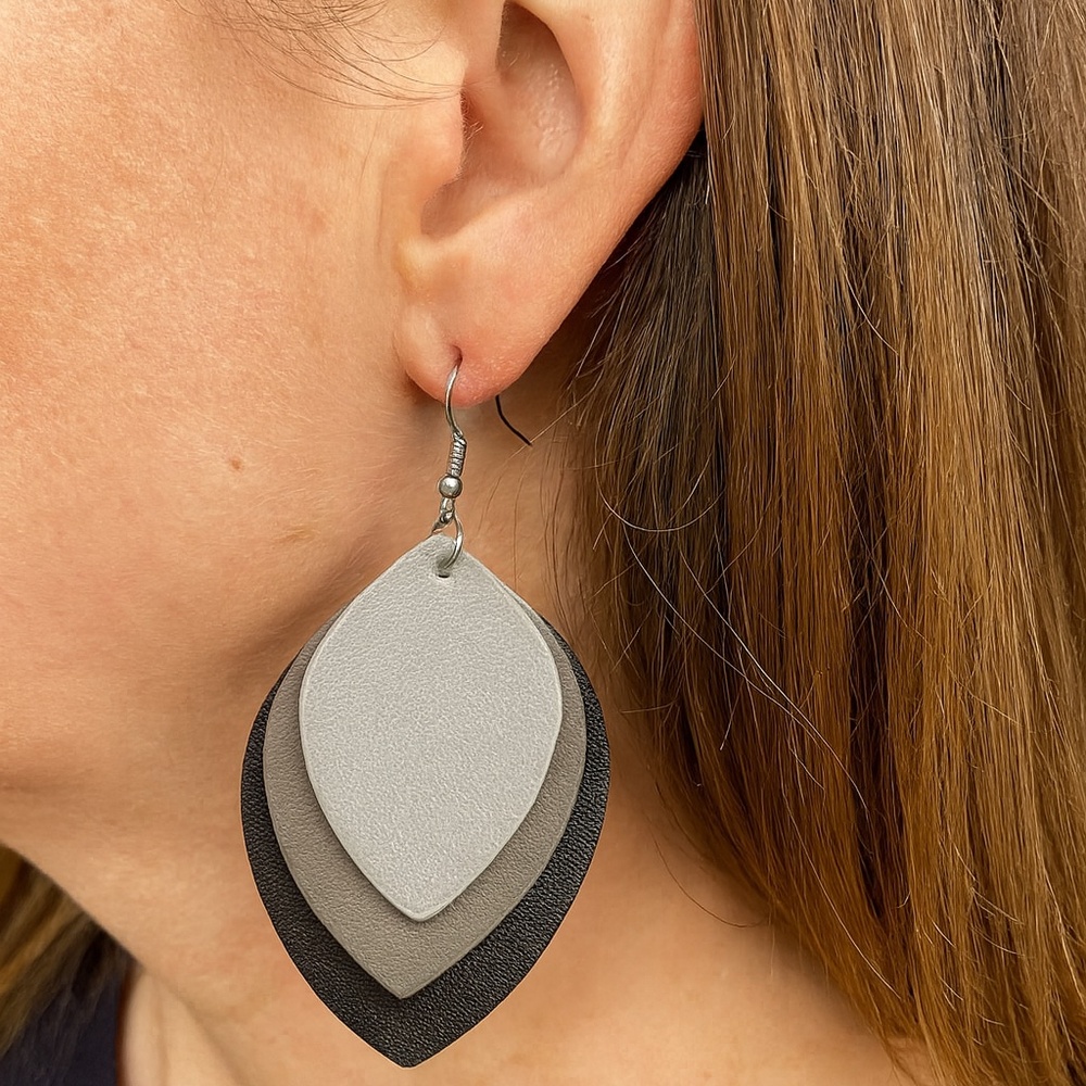 Faux Leather Dangle Earrings pierced 2.5” long new Black Gray